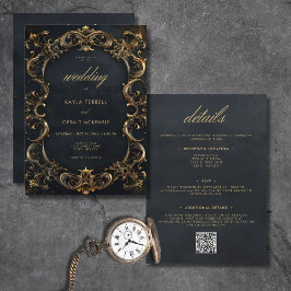 Invitación Vintage Black & Gold Frame Dos Sitios Boda