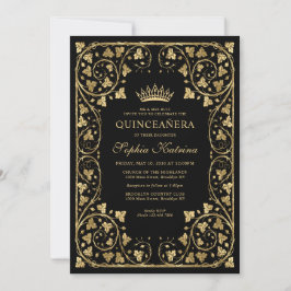 Invitación Vintage Black Gold Frame Tiara Quinceanera