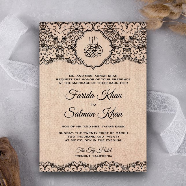 Invitación Vintage Black Lace Rustic Burlap Boda islámico (Subido por el creador)
