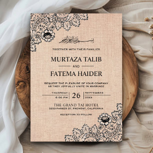 Invitación Vintage Black Lace Rustic Burlap Boda islámico