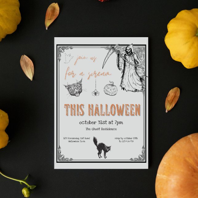 Invitación Vintage Black Naranja Cat Halloween Party (Subido por el creador)