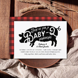 Invitación Vintage Black Red Pig Baby-Q BBQ Baby Shower