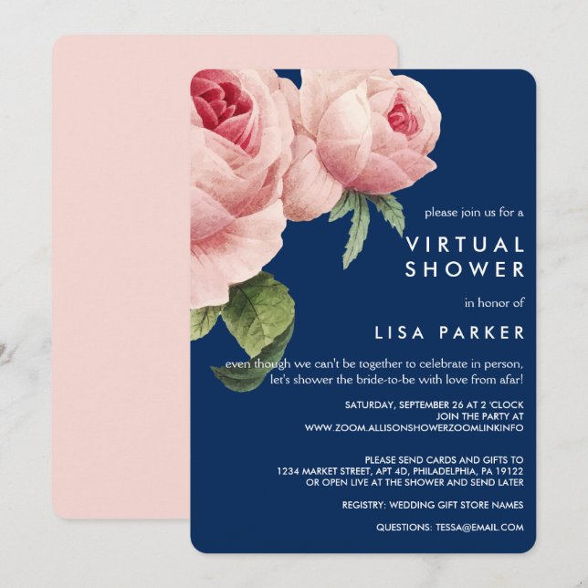 Invitación Vintage Black Rosa Blue Virtual Shower (Anverso / Reverso)