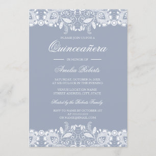 Invitación Vintage Blanca de Encaje Dusty Azul par