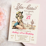 Invitación Vintage Blonde Yee-haw Cowgirl 21º cumpleaños<br><div class="desc">Vintage Blonde Yee-haw Cowgirl 21st Birthday Invitation Diversión cowgirl tema de 21st cumpleaños invitación para un adulto con un viejo estilo retro imagen de vaquera rubia,  paisaje del desierto y cuerda como texto en marrón. La edad es totalmente editable,  por lo que esta plantilla podría utilizarse para varias edades.</div>