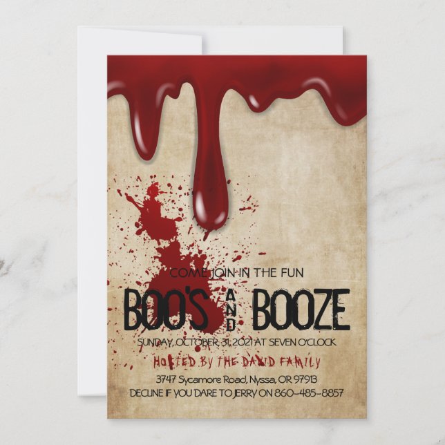 Invitación Vintage Bloody Boo's y Booze Halloween Party (Anverso)