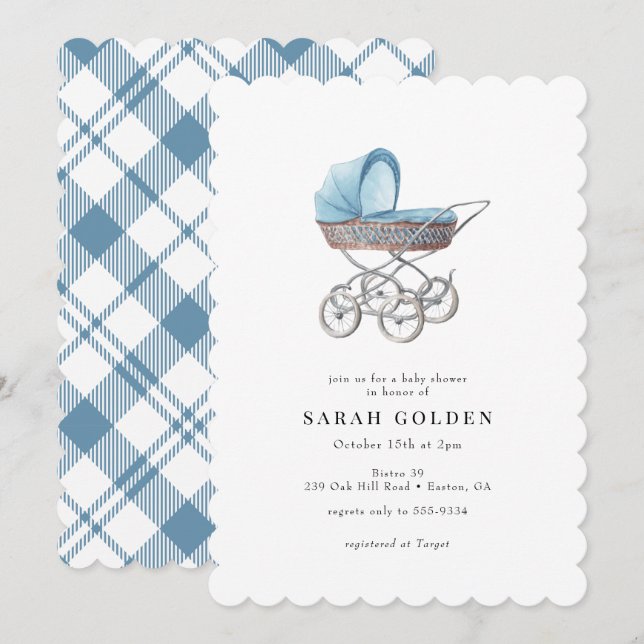 Invitación Vintage Blue Baby Carriage Boy Baby Shower (Anverso / Reverso)
