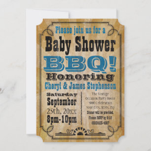 Invitación Vintage Blue Baby Shower BBQ Barbeque Baby-Q