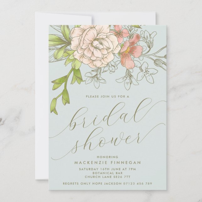 Invitación Vintage Blue Botanical Floral Bridal Shower (Anverso)