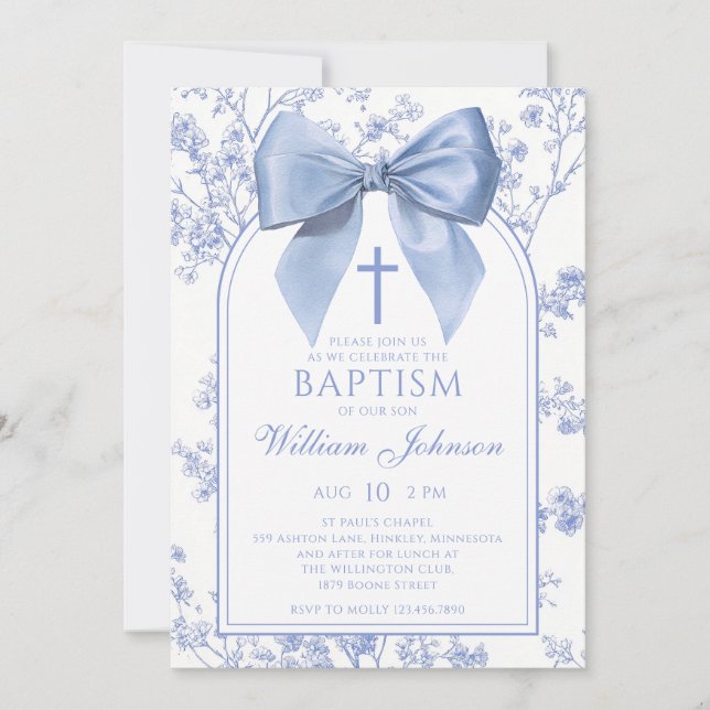 Invitación Vintage Blue Bow Floral Baptism (Anverso)
