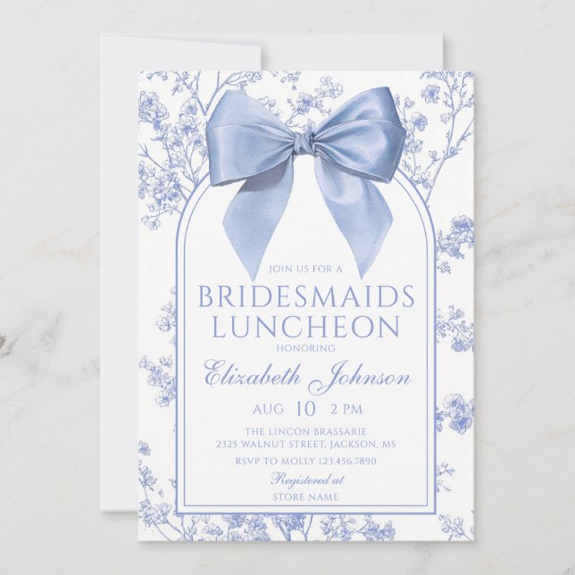 Invitación Vintage Blue Bow Floral Bridesmaids Luncheon (Anverso)
