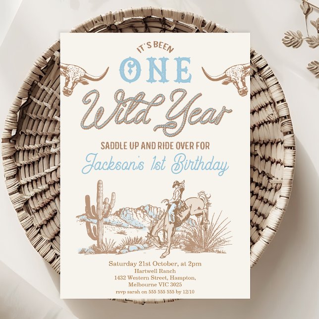 Invitación Vintage Blue Boys Wild Year 1 cumpleaños (1st Birthday Invitation Rodeo, Boys One Wild Ride First Birthday Invitation Template Printable, 
)
