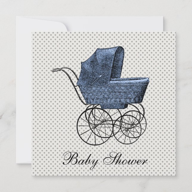 Invitación Vintage Blue Carrie Pram Baby Boy Shower (Anverso)
