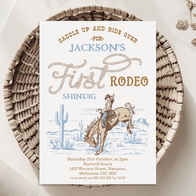 Invitación Vintage Blue Cowboy First Rodeo 1st Birthday  (Boys FIRST RODEO Birthday Invitation Template, Printable Cowboy 1st Birthday Invite, Western Themed)