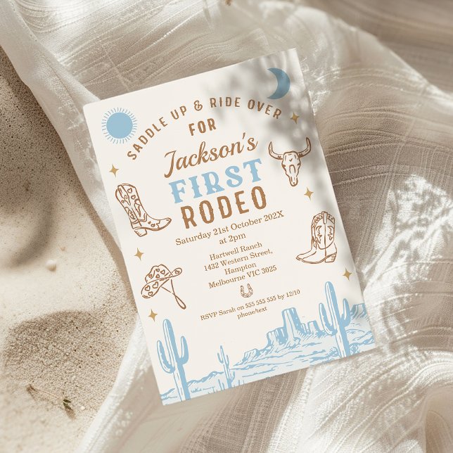 Invitación Vintage Blue Cowboy Primer Rodeo Primer Cumpleaños (Boys Blue Brown First Rodeo Birthday Invitation, Cowboy First Rodeo 1st Birthday Invitation, Western)
