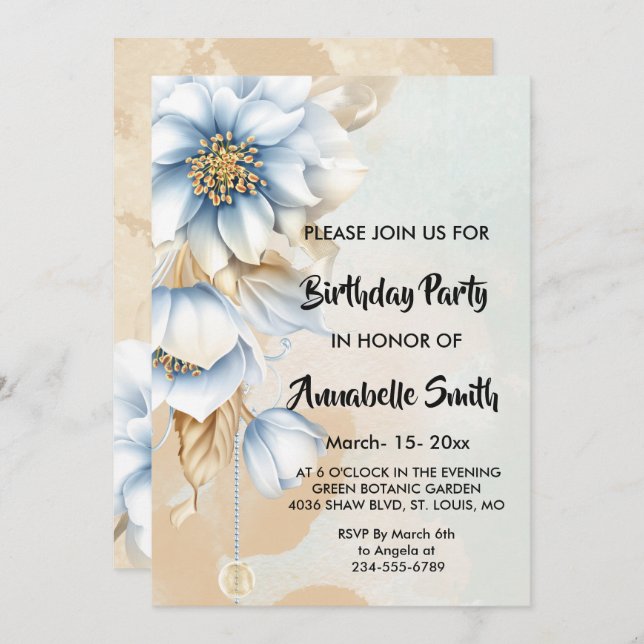 Invitación Vintage Blue floral Birday (Anverso / Reverso)