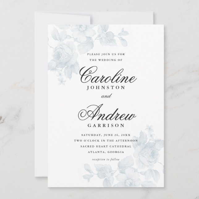Invitación Vintage Blue Floral Elegent Script Boda (Anverso)