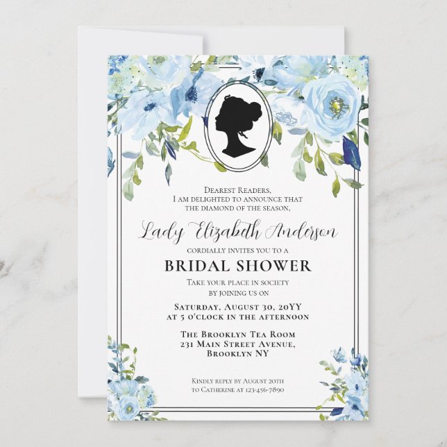 Invitación Vintage Blue Florals Regency Bridal Shower (Anverso)