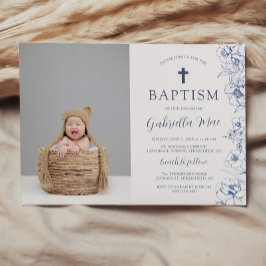 Invitación Vintage Blue Flowers Baptism Photo Invitation