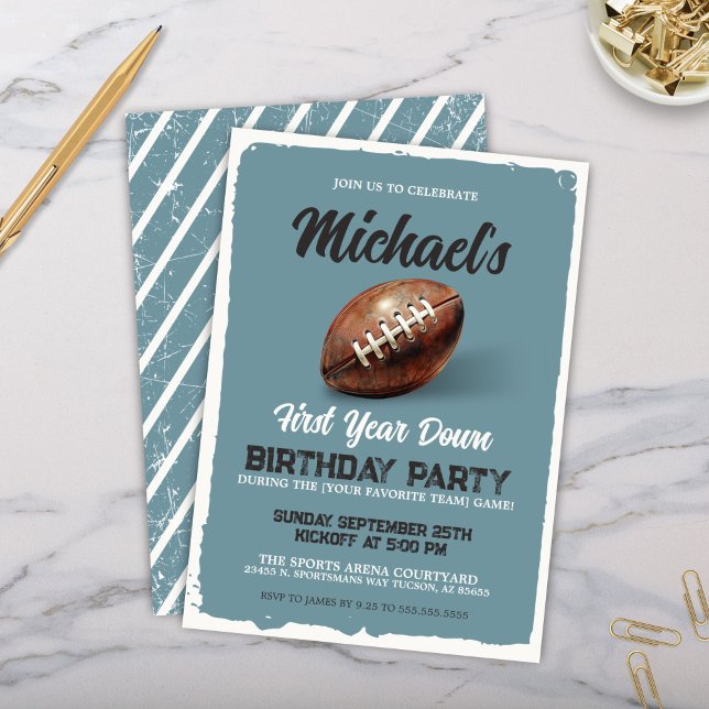 Invitación Vintage Blue Football First Birday Party (Vintage teal blue and cream antique football theme birthday party invitation for 1st watch party)