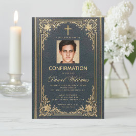 Invitación Vintage Blue Gold Photo Elegant Boy Confirmación