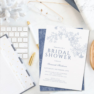 Invitación Vintage Blue Line Drawing Floral Bridal Shower
