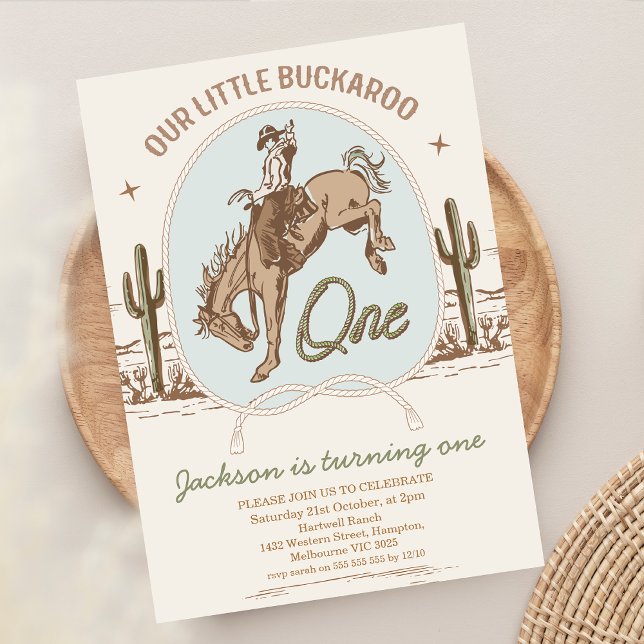 Invitación Vintage Blue Little Buckaroo Western 1er cumpleaño (Little Buckaroo 1st Birthday Invitation Boy, Desert Horse Wild West Rope text Cowboy 1st Birthday)
