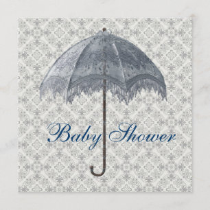 Invitación Vintage Blue Parasol Damask Baby Shower