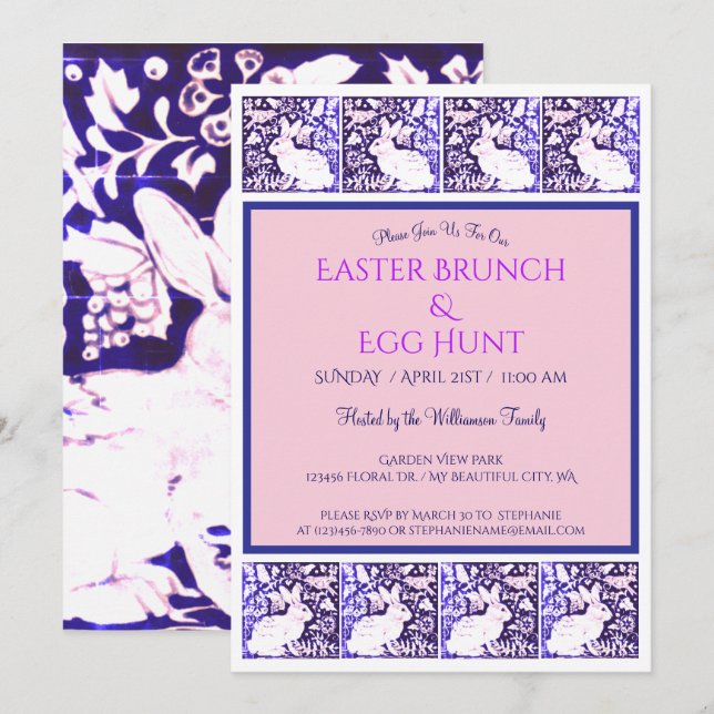 Invitación Vintage Blue Purple Easter Bunny Brunch Bonito (Anverso / Reverso)