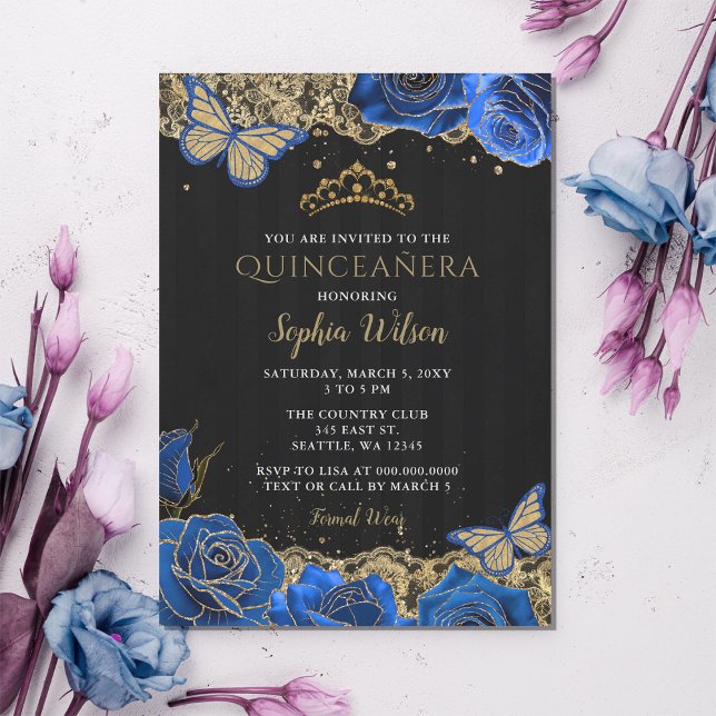 Invitación Vintage Blue Rosas Black Gold Lace Quinceañera (Vintage Blue Roses Quinceanera Invitation)