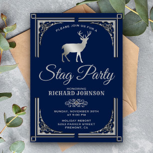 Invitación Vintage Blue Silver Stag Bacheler Party