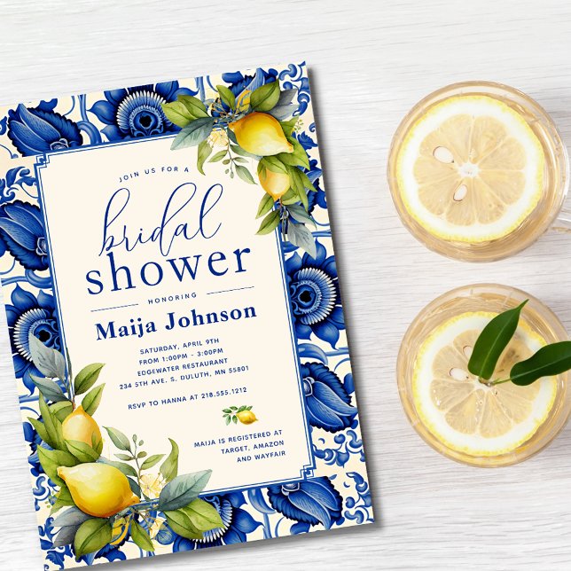 Invitación Vintage Blue Tile Yellow Lemons Bridal Shower (Subido por el creador)