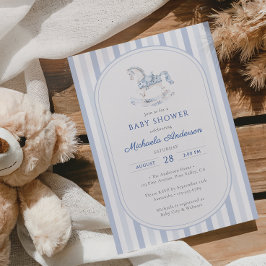 Invitación Vintage Blue Toile Rocking Horse Boy Baby Shower