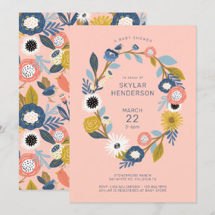 Invitación Vintage Bohemia Floral Wreath Baby Bird Ducha De A