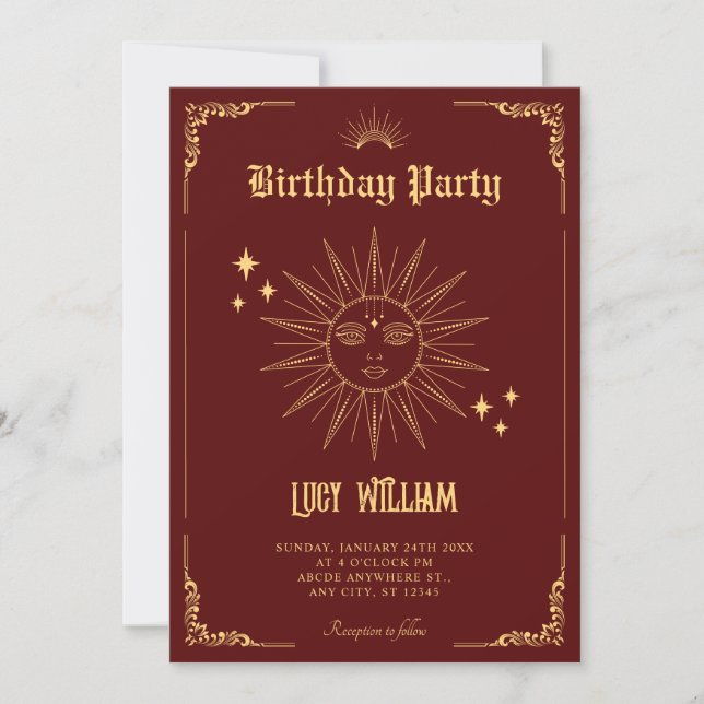 Invitación Vintage Bohemian art mystical sun birthday (Anverso)