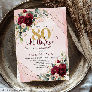 Invitación Vintage Boho Merlot Gold Flowers 80th Cumpleaños