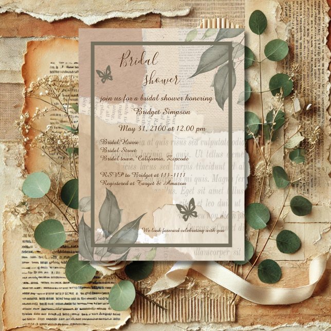 Invitación vintage boho moda verde monograma ducha de novia (Subido por el creador)