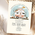 Invitación Vintage Boho One Happy Camper First Birthday Party<br><div class="desc">Illustration of a 70s inspired vintage blush pink camper decorated with tassels,  florals,  macrame,  cactus,  pampas,  and potted plants.</div>