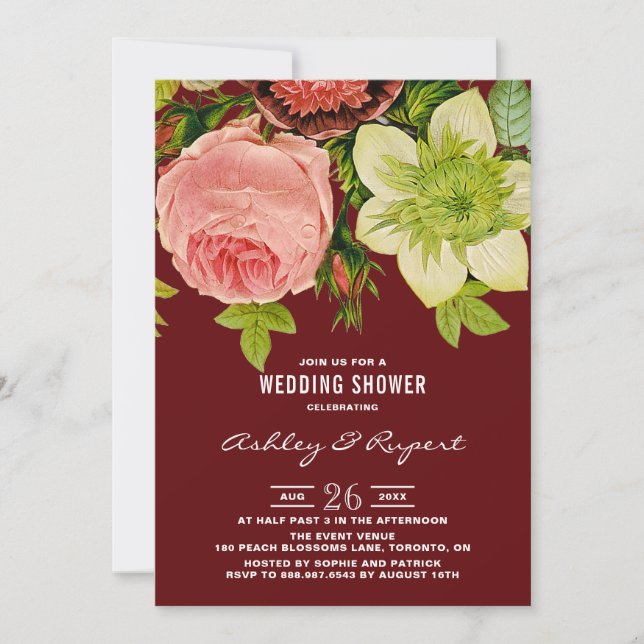 Invitación Vintage Botánica Floral Red Wedding Ducha (Anverso)