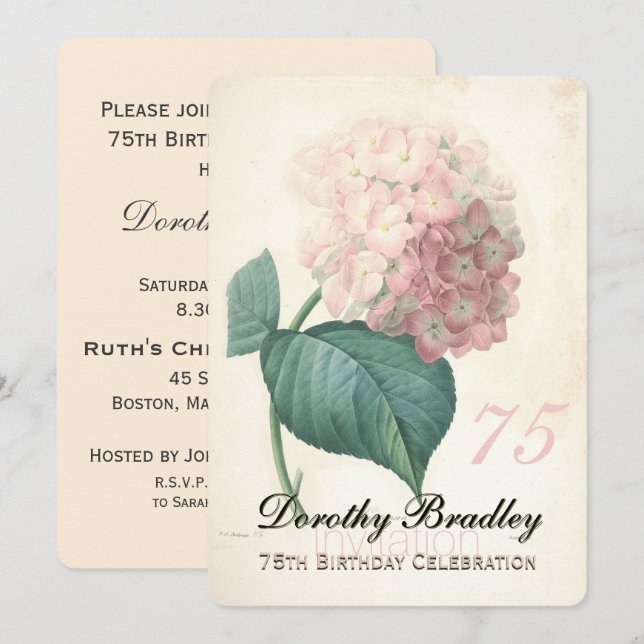 Invitación Vintage Botanical Hydrangea 75th Birthday Party FC (Anverso / Reverso)
