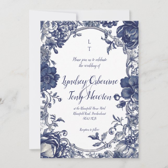 Invitación Vintage Botanical Wedding Invitation in Blue (Anverso)