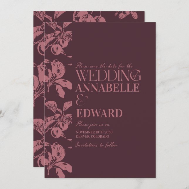 Invitación Vintage Botanical Wedding Plum Burgundy (Anverso / Reverso)