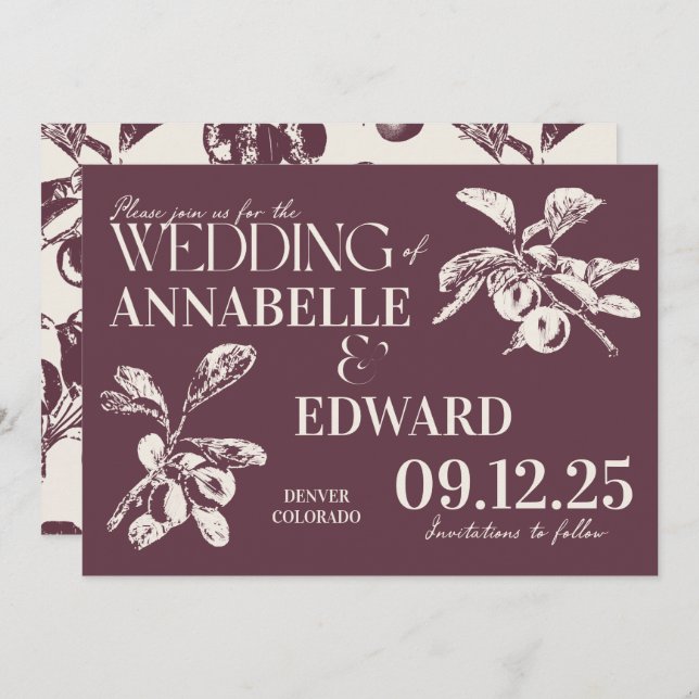 Invitación Vintage Botanical Wedding Plum Burgundy (Anverso / Reverso)