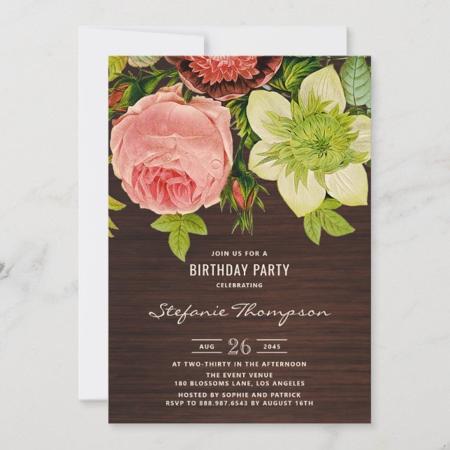 Invitación Vintage Botánico Floral Rustic Wood Cumpleaños (Anverso)