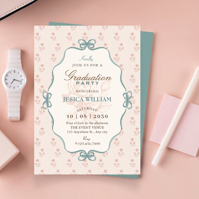 Invitación Vintage bow pastel blue pink graduation (Subido por el creador)
