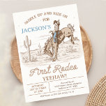 Invitación Vintage Brown Cowboy First Rodeo Primer cumpleaños<br><div class="desc">Invitación al primer rodeo del primer cumpleaños del Vintage Brown Cowboy Invitation Boy fue la primera invitación al primer cumpleaños con tema de rodeo con un vaquero y caballo, paisaje del desierto y algunos textos de estilo de cuerda. La primera invitación de este chico al rodeo de cumpleaños es ideal...</div>