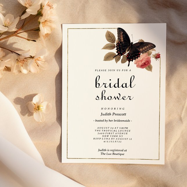 Invitación Vintage brown gold pink butterfly Bridal Shower  (Vintage brown gold pink butterfly Bridal Shower )