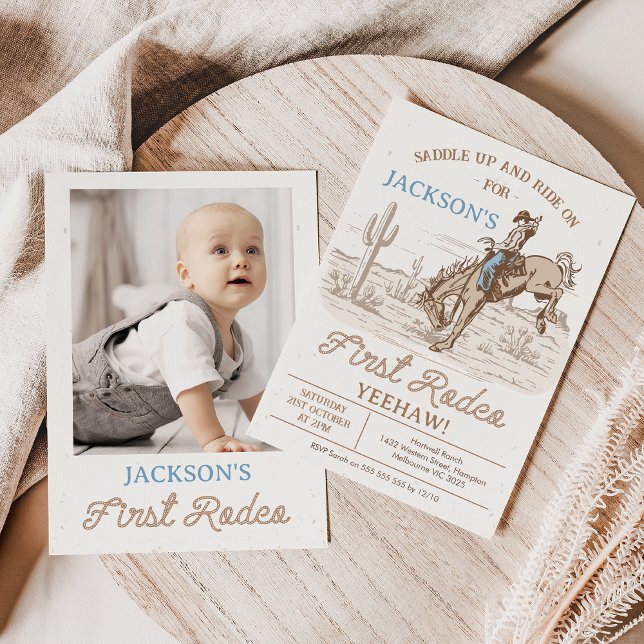 Invitación Vintage Brown Photo Cowboy Rodeo Primer cumpleaños (Cowboy 1st Birthday Invitation, Rodeo First Birthday Invitation, Western 1st Birthday Invite, Horse)