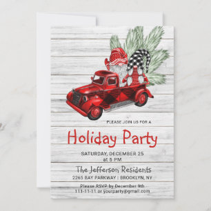 Invitación Vintage Buffalo Red Truck & Gnomes Holiday Party