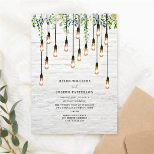 Invitación Vintage Bulbs Greenery Boda de ladrillo blanco